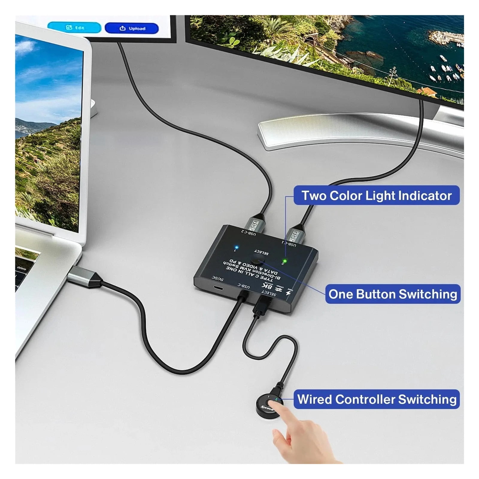 USB C Switch USB Type C KVM Switcher 8K@60Hz 4K@120Hz Video/10Gbps Data Transfer PD 100W Charging Compatible