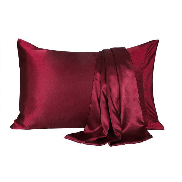 2Pack Wine Satin Pillowcases Standard/Queen Size Pillow Cases Covers Silky for Hair and Skin