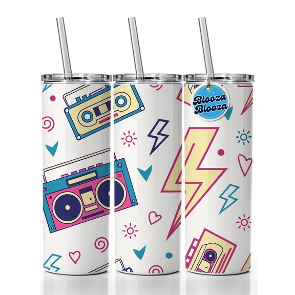 80's Eighties Theme Style 20oz Insulated Water Bottle Skinny Tumbler Includes Straw