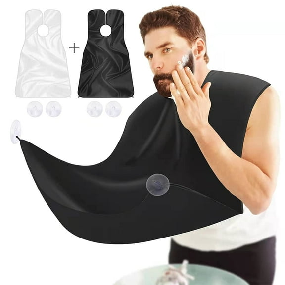 2 Pcs Shaving Bibs, Waterproof Non-Stick Cloth Kit with Strong Suction Cups, Beard Trimming Apron Cape (White & Black)