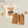 thumbnail image 2 of Xudanell Toddler Baby Boy Clothes Summer Short Sleeve Trucks Tractors Print T-Shirt Tops Solid Color Shorts Set Casual Outfit (Brown, 18-24 Months), 2 of 3