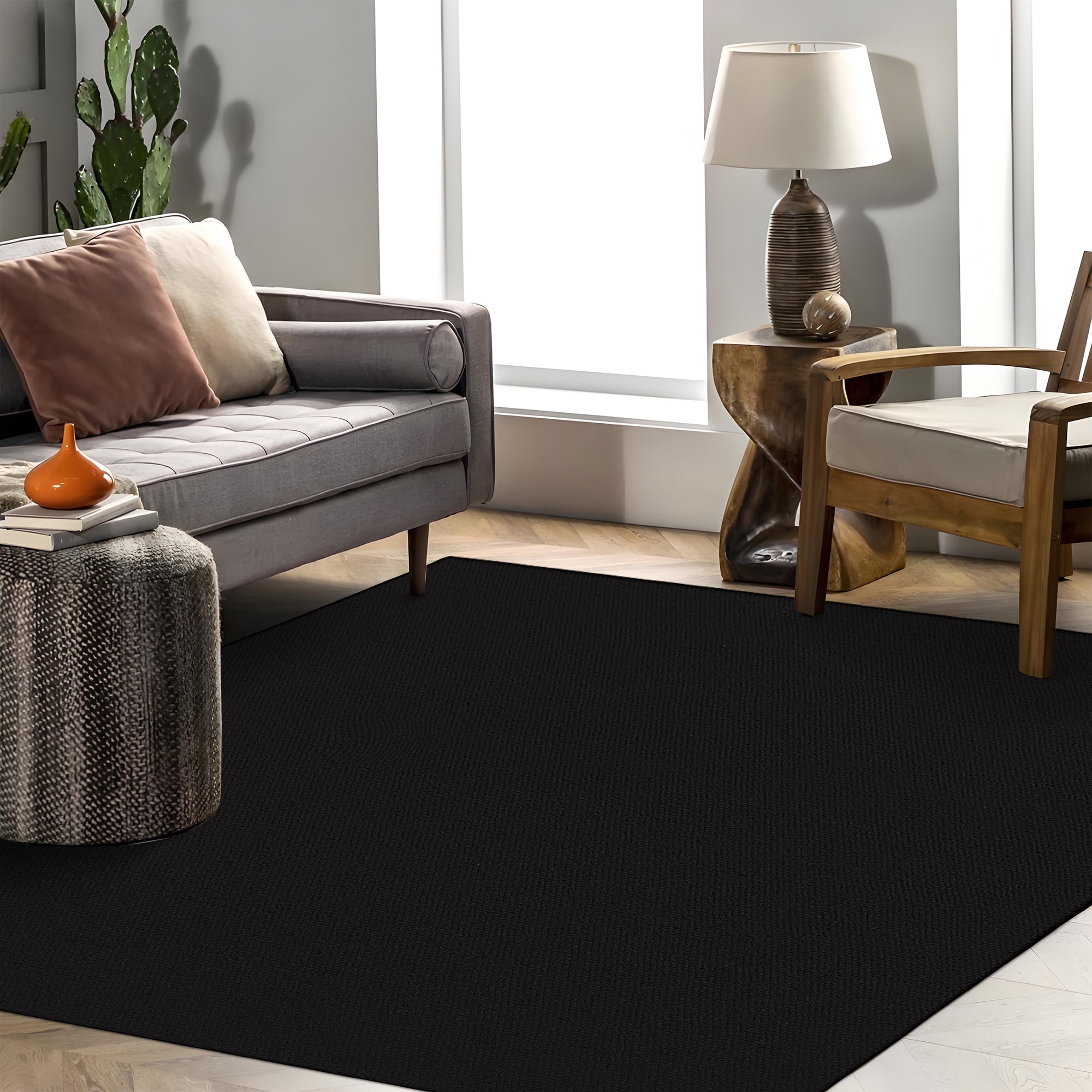 Hasoo 9' x 12' Area Rug for Living Room Solid Textured Vintage Rug Non Slip Throw Rugs Indoor Carpet, Black