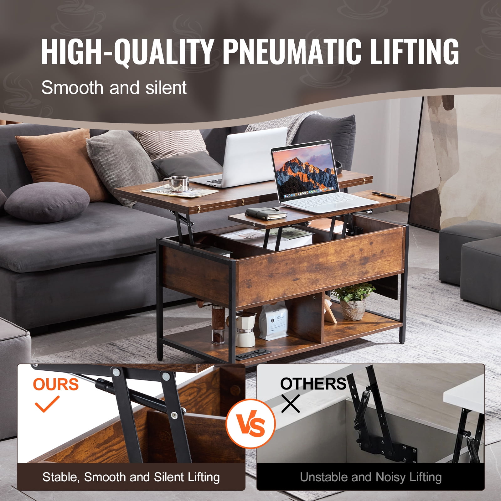 KFFKFF Coffee Table with Lift Top, 39.4 in Rectangular Design, Includes Additional Storage Compartments, Features Flip Top, Power Outlets, USB Ports & Soft Glow Lights, Ideal for Living Spaces