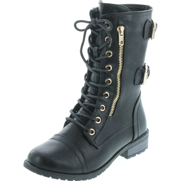Forever Women's Mango-71 Faux Leather Military Style Ankle Boots Thick Sole Buckles