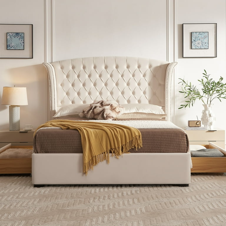 Luxurious Upholstered Wingback Storage Platform Bed with 60 inch High Headboard Premium Linen Dual Storage Drawers and Sprung Slats Queen Cream