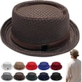 thumbnail image 2 of Summer Breathable Mesh Pork Pie Hat,Retro Straw Breathable Sun Protection Cap,Lightweight Fedora Bowler Hat, 2 of 7