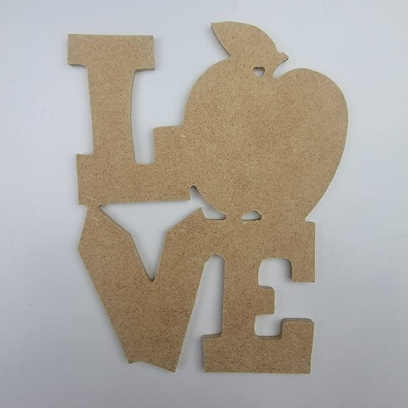 4" Love with Apple, Unfinished MDF Art Shape by Wooden Craft Cutouts, 1-8 Thickness