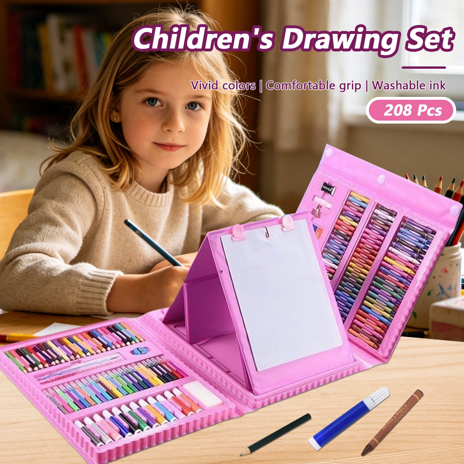 Aniceparthy 208 PCS Art Supplies Drawing Art Kit for Kids Adults with Double Sided Trifold Easel Art Kit Colored Pencils,Crayons,Oil Pastels,Watercolor Pens,Gifts for Girls Boys,Teens,Beginners,Pink
