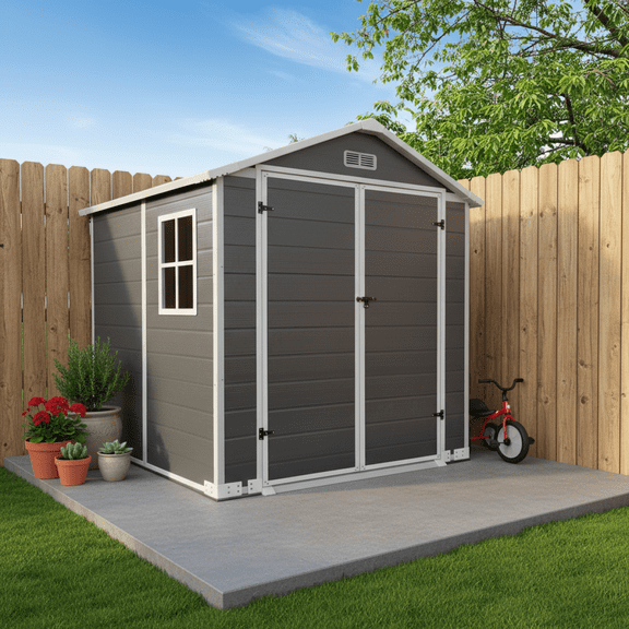 LuckyNote 6x6 ft Plastic Outdoor Storage Shed with Floor, Lockable Door & Window, Weatherproof Garden Shed for Backyard, Gray