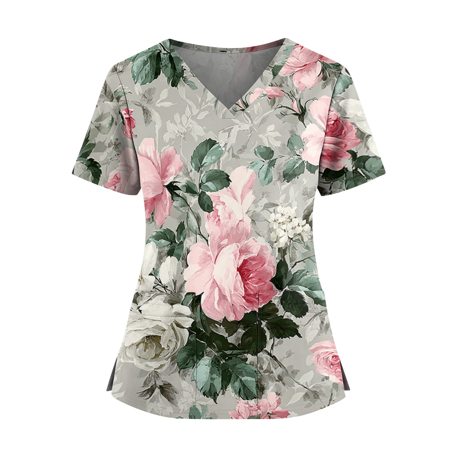 Iaqnaocc Scrubs for Women Premium Vintage Nurse Working Uniforms Trendy V-Neck Floral Print Side Slits Scrub Shirt Ultra Soft Short Sleeve Tees Blouse with Pockets Light Green XL