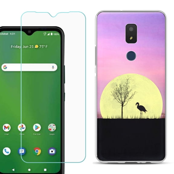 Slim-Fit TPU Fashion Phone Case for Cricket Icon 3, with Tempered Glass Screen Protector, by OneToughShield ® - Moonlight Flamingo