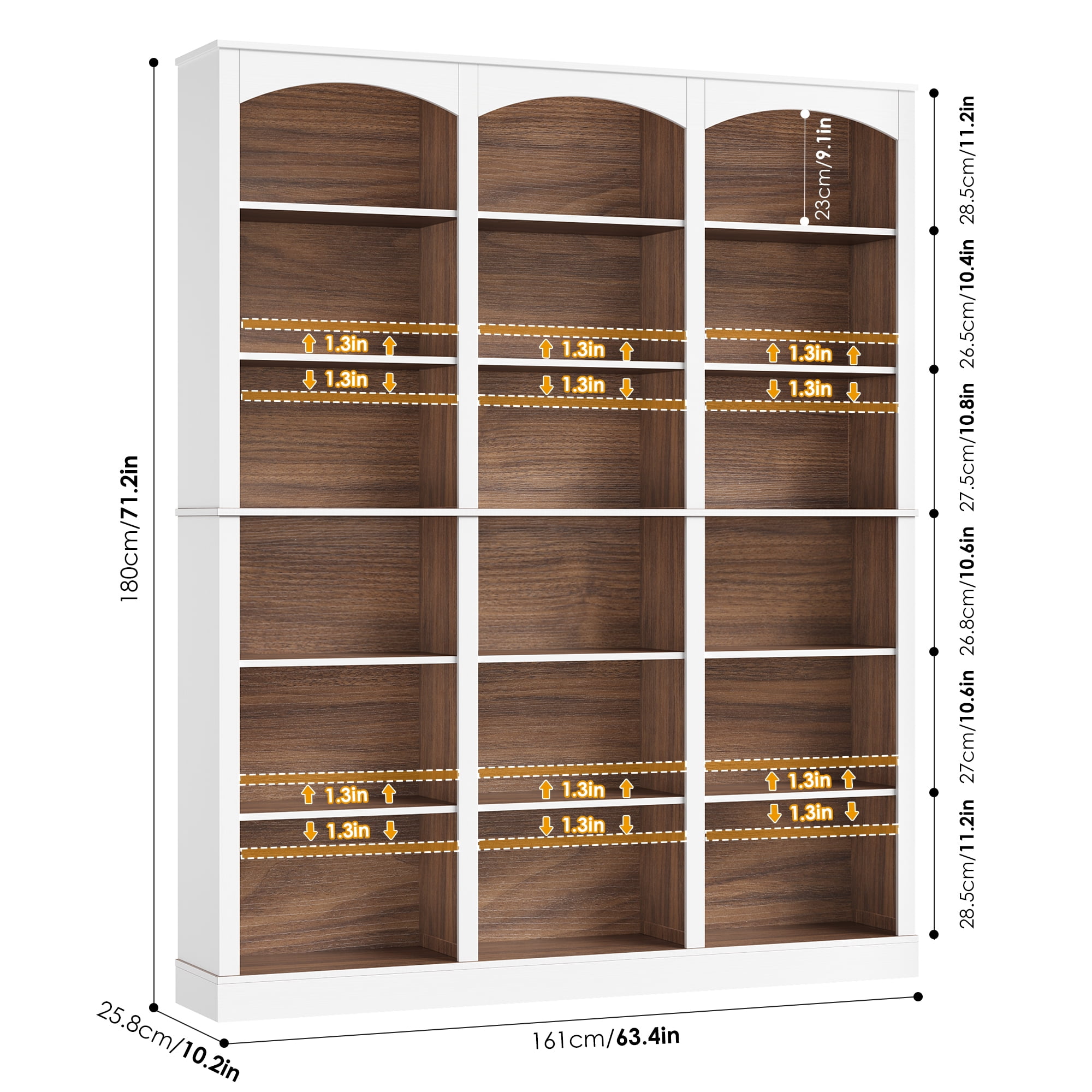 Homfa 18-Cube Bookcase and Bookshelves, 71.2" Triple Width 6 Tier Freestanding Arch Library Cabinet for Home Office Living Room, White Bark Texture & Walnut