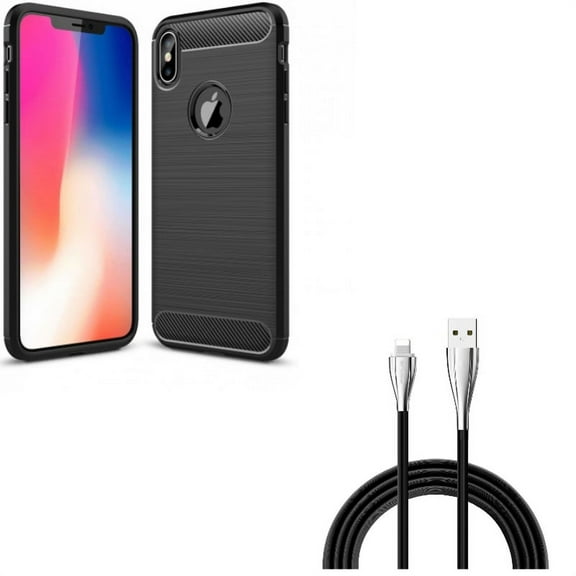 Charger Cord 6ft USB Cable w Carbon Fiber Case for iPhone XS Max - Power Wire Long Sync Fast Charge and Slim Fit Cover Reinforced Bumper Shock Absorbent Black