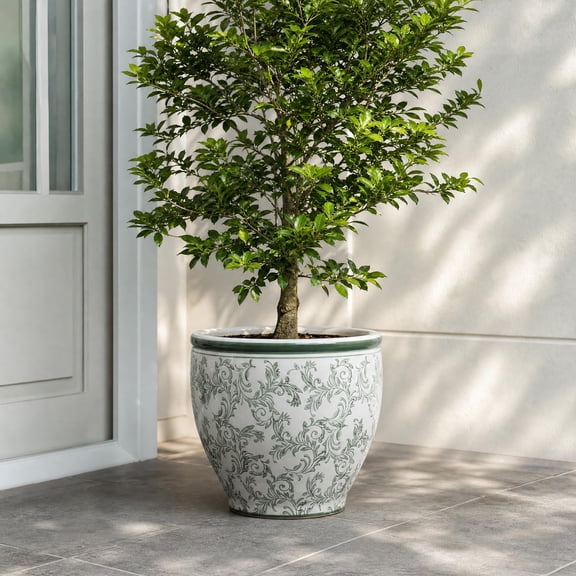 Haven Crest 14.4-Inch Ceramic Pots for Plants, Green Paisley Floral Round Planter Pot
