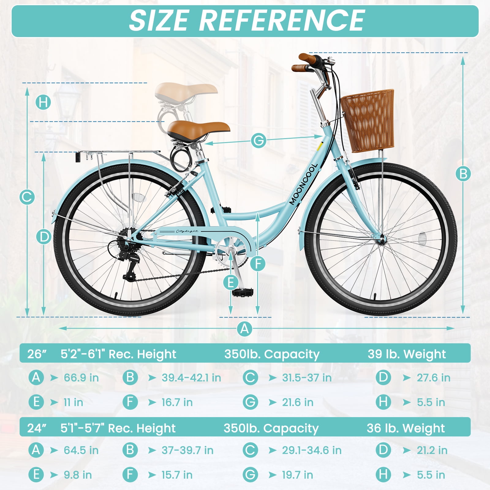 MOONCOOL 24/26 Inch Cruiser Bike for Women, 7 Speed Step-Through Bicycle with Basket, Rear Rack & Lock, Retro City Bike for Adults