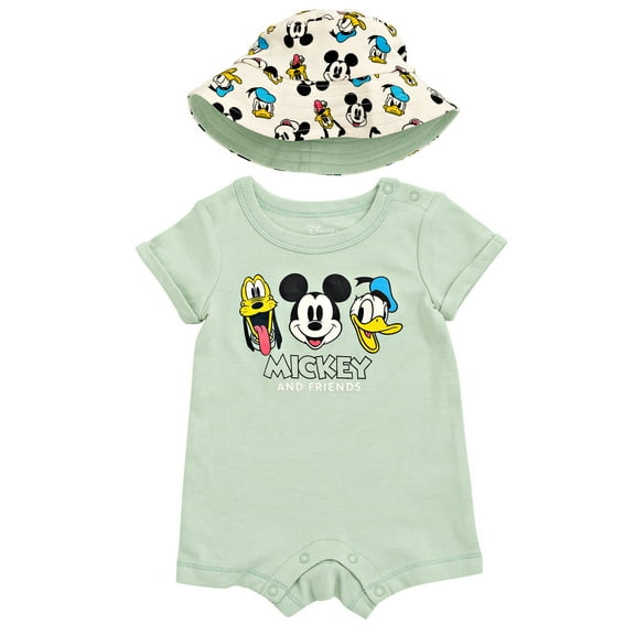 Disney Mickey Mouse Donald Duck Pluto Newborn Baby Boys Romper and Hat Newborn to Infant