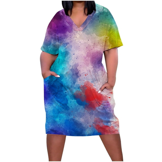 Birdeem Robe Grande Taille pour Femmes Col en V Été Décontractée Robes d'Été Poche Genou Manches Courtes avec Poches