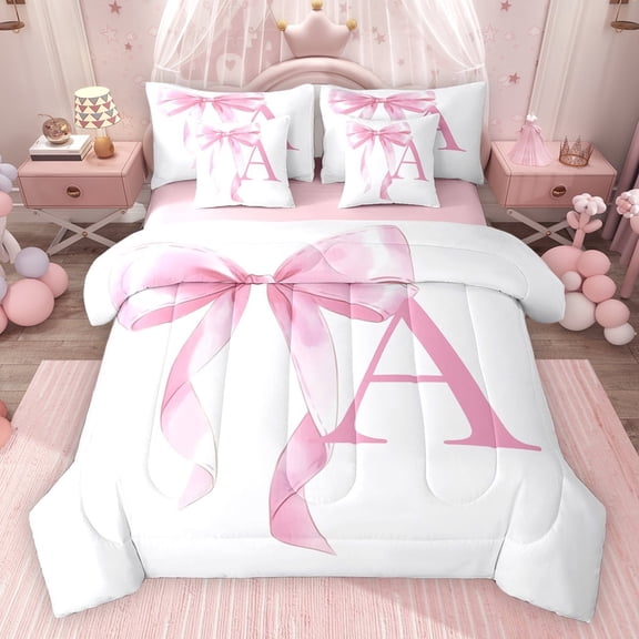 Erosebridal Girls Pink Bow Twin Bedding Sets, A Letter Bedding Comforter Set, Princess Style Bedroom Decor, Pink Reversible 7pcs