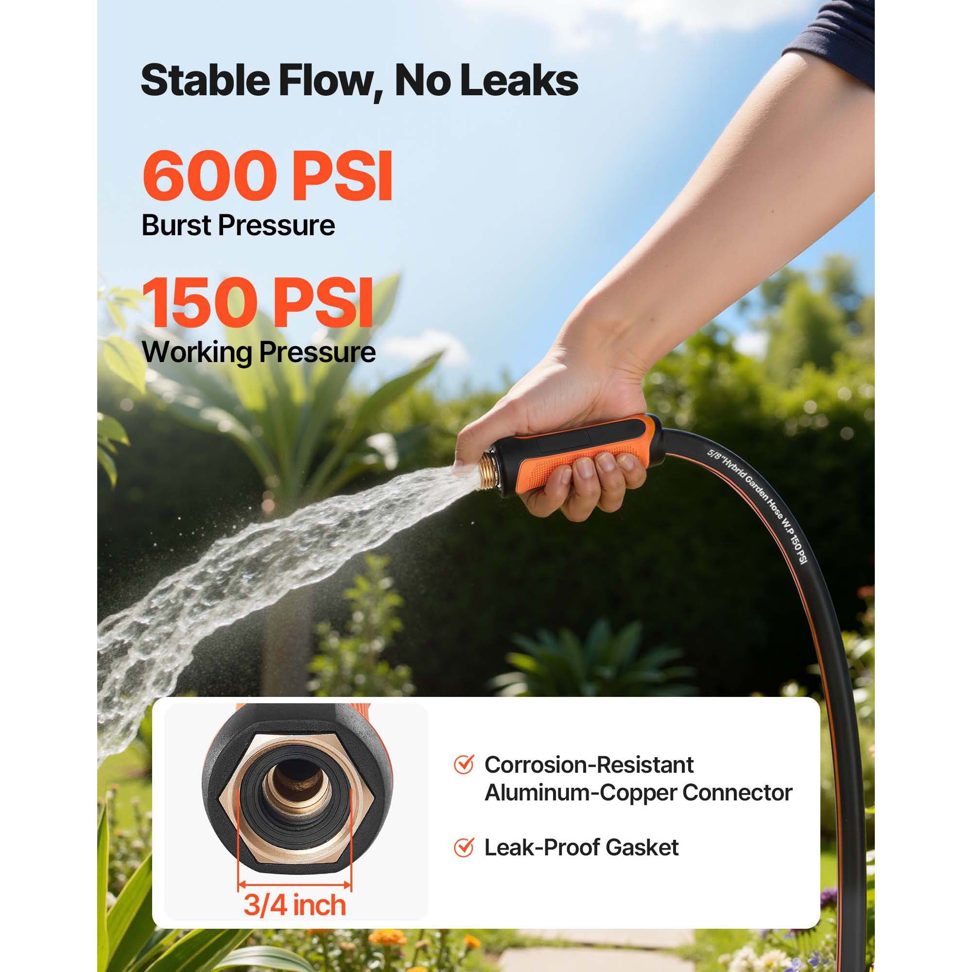 KFFKFF 50 ft 5/8" Durable 4-Layer Rubber Water Hose, 150PSI Working Pressure & 600PSI Burst Strength, Flexible and Non-Kink Outdoor Hose with 3/4" Fittings, Lightweight Option for Gardening