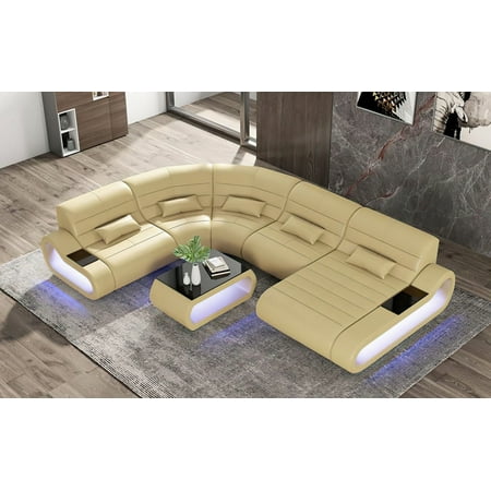 MofitHome, Catina Leather Curve Shape Sectional, Living Room, Beige, Italian Leather, LED-lit Storage at Both Ends, Upgradeable to Multi-color Lights with Wireless Remote.