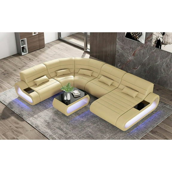 MofitHome, Catina Leather Curve Shape Sectional, Living Room, Beige, Italian Leather, LED-lit Storage at Both Ends, Upgradeable to Multi-color Lights with Wireless Remote.