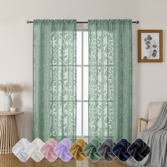 OVZME Darla Sage Green Sheer Curtains 72 Inches Long 2 Panels Set, Elegant Jacquard Clip Leaf Pattern Cortinas Para Habitacion for Living Room, Balance Light & Privacy Sheers Drapes, 42Wx72L