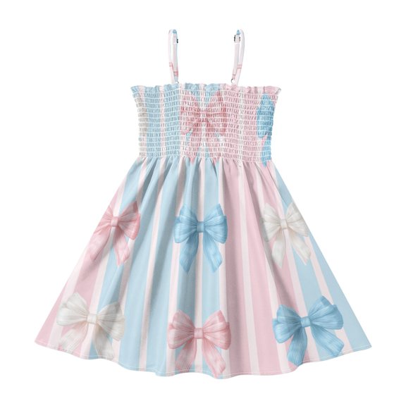 Pastel Blue Pink White Bows on Stripes Girl's Adjustable Cami Dress Casual Sundress Smocked Ruffle A-Line 2T