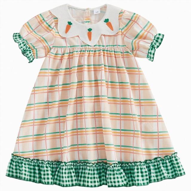 Ymyiu Robes pour Petite Fille Robe pour Tout-Petit Petite Bébé Fille Robe Imprimée Robe Smockée Manches Courtes Col Claudine Robes à Carreaux 3T 4T (Vert, 3-4 Ans)