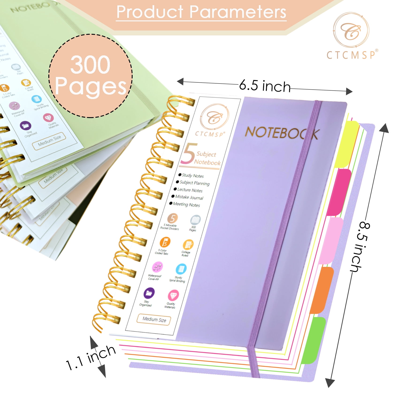 5 Subject Spiral Notebook with Removable Dividers Tabs Hardcover Notebook Journal for Women Men,Perfect for Academic Supplies,College Ruled,300 Pages
