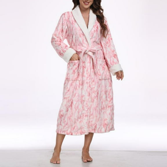 Fewfanhot Women's Ankle-Length Print Bath Robe Nightgowns Shawl Collar Long Sleeves V-Neck Waist Tie Pajama Loungewear