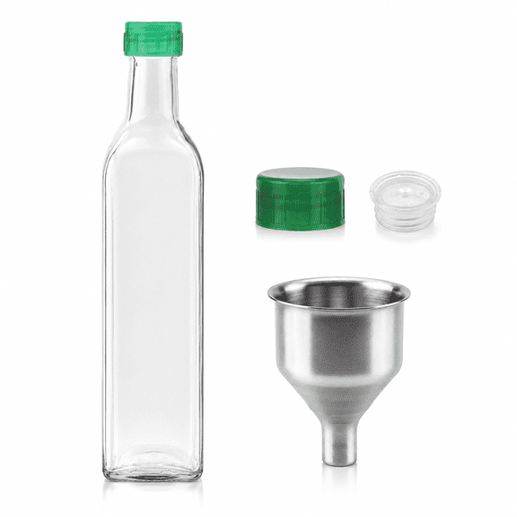 17oz Glass Olive Oil Dispenser Bottle, 500ml Oil and Vinegar Cruet Set with Pour Spouts, Leakproof Caps and Funnel, Clear Kitchen Glass Oil Container for Cooking & Salad Dressing