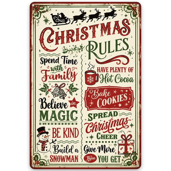 Metal Christmas Rules Wall Decor Sign, Rustic Vintage Style with Holiday Saying, 8x12 inch, Easy Hanging, Festive Indoor Outdoor Decoration, Weather Resistant Finish