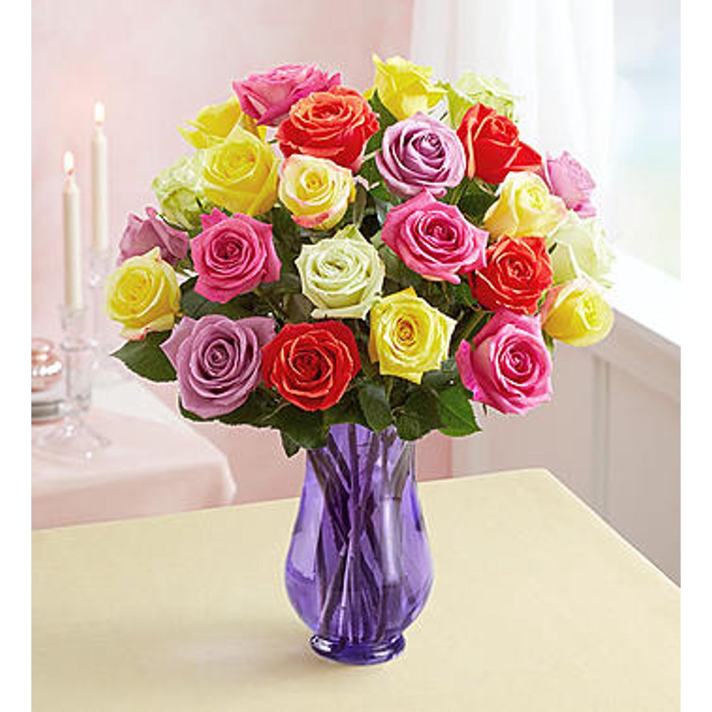 1800Flowers Two Dozen Assorted Roses Flower Bouquet with Purple Vase