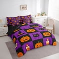 thumbnail image 2 of Homewish Checker Halloween Pumpkin Queen Bedding, Purple Bat Cat Ghost Witch Bedding Comforter Set Queen, Black Reversible, 7pcs, 2 of 7