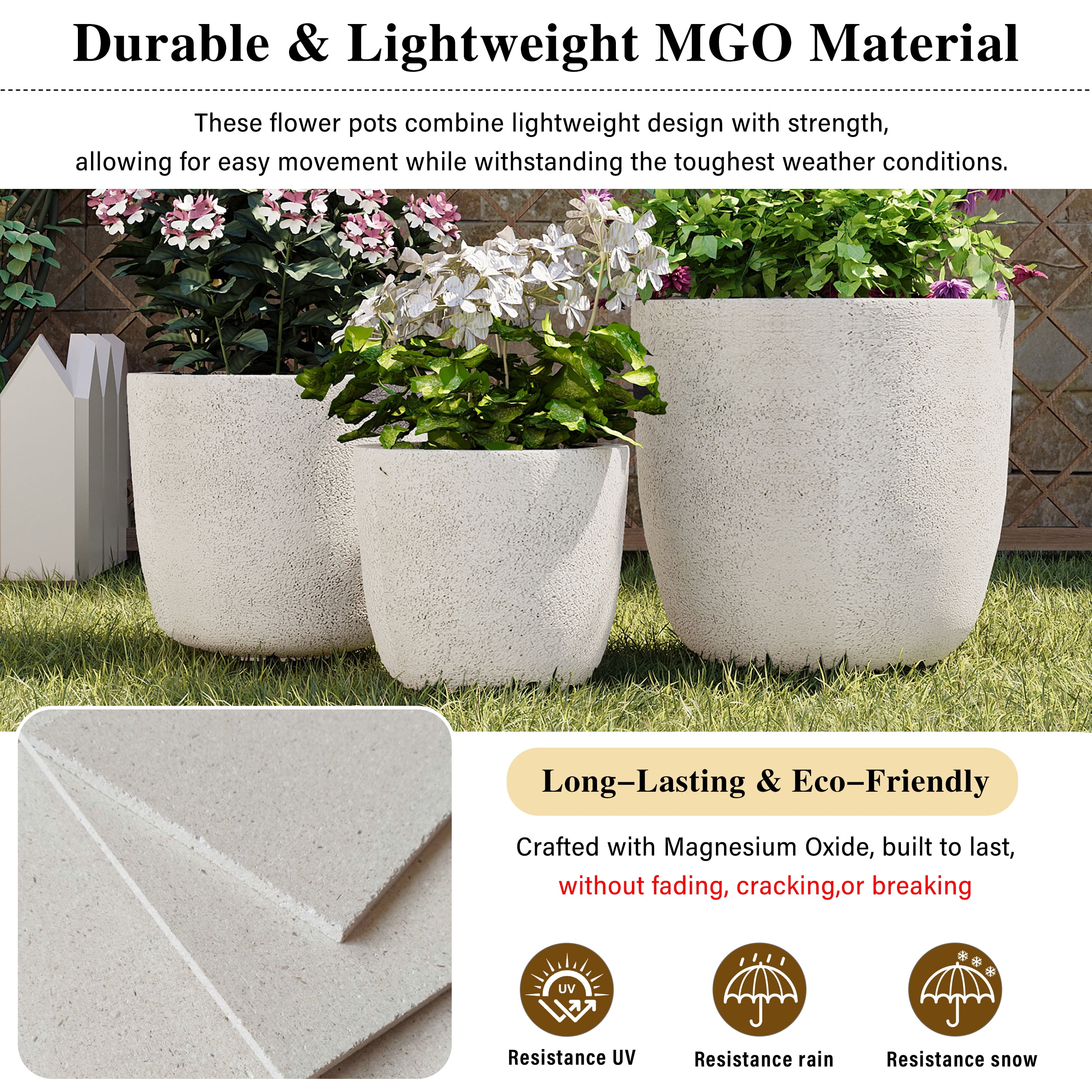 Harper & Bright Designs Outdoor Concrete Planter Set of 3, Patio Flower Pots Stone-Look Textured with Drainage Holes and Rubber Plug for Garden Poolside, White