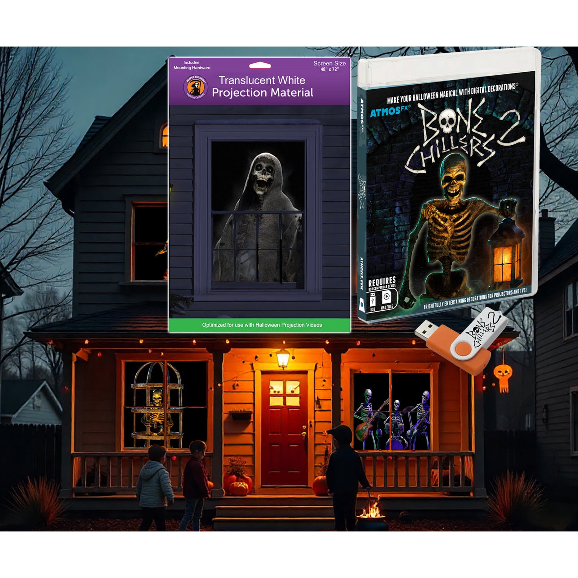 AtmosFX Halloween Digital Decoration USB - Bone Chillers 2 + 48 x 72 Projection Screen