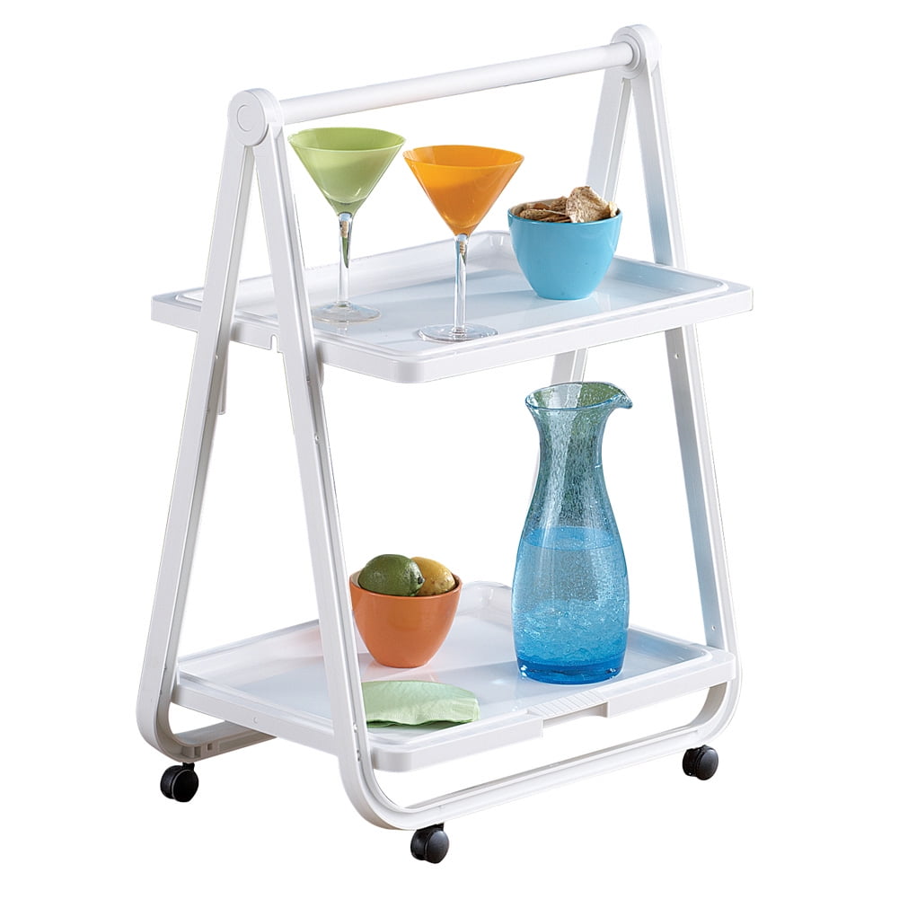 Folding Plastic Beverage Cart Rolling Compact TwoTier Tray on Wheels