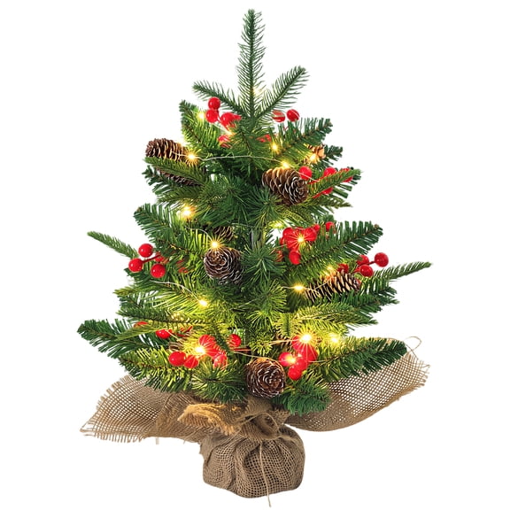 Mini Christmas Tree with LED Lights, 18 inch Small Xmas Tree with Red Berries & Pinecone, Easy Setup Table Decorations for Home, Office, Dining Table and Indoor Festive Displays