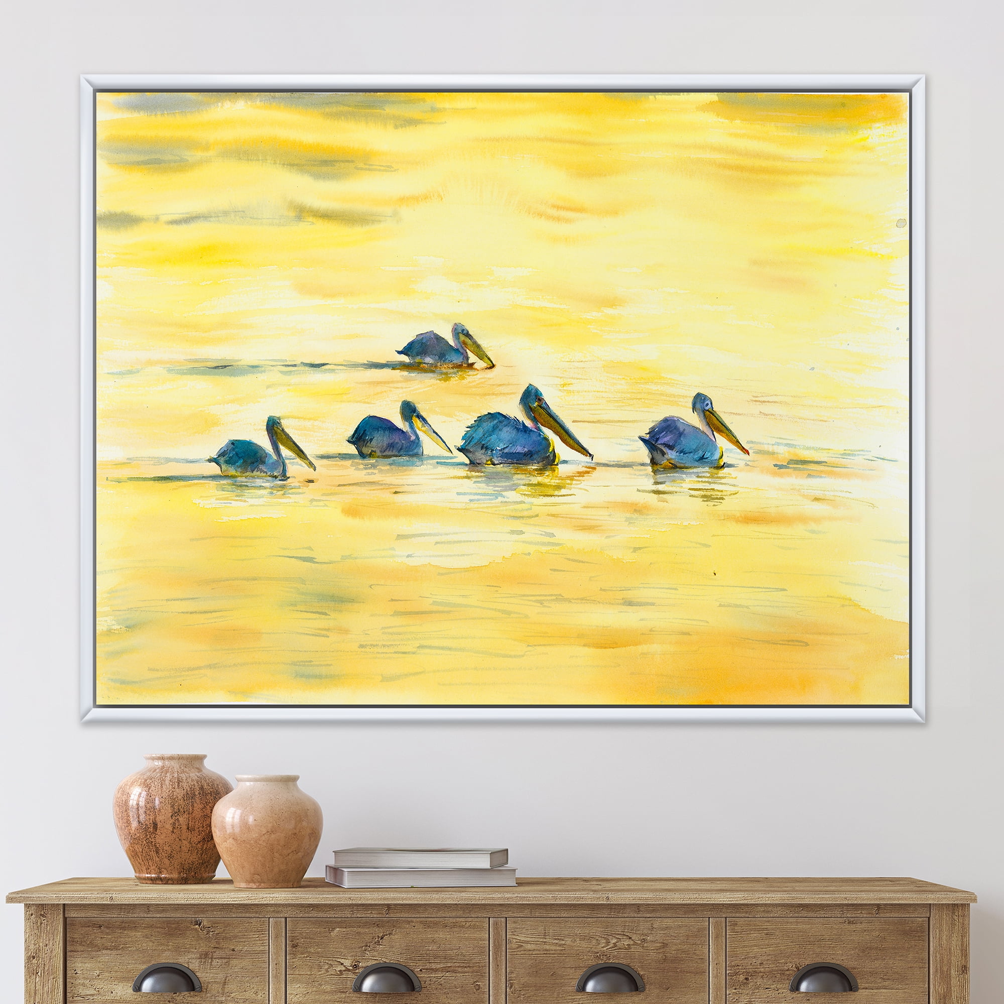 Designart 'Pelicans Birds On The Yellow River' Farmhouse Framed Canvas Wall Art Print