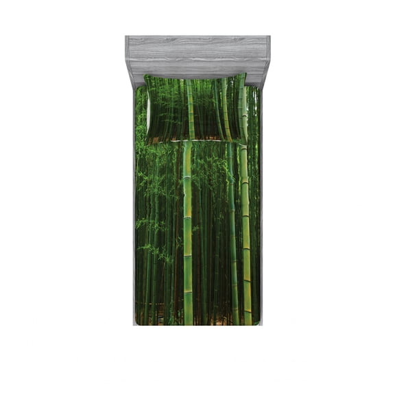 Ambesonne Green Fitted Sheet & Pillow Sham Set, Exotic Tree Forest Scenery, Twin, Fern Green