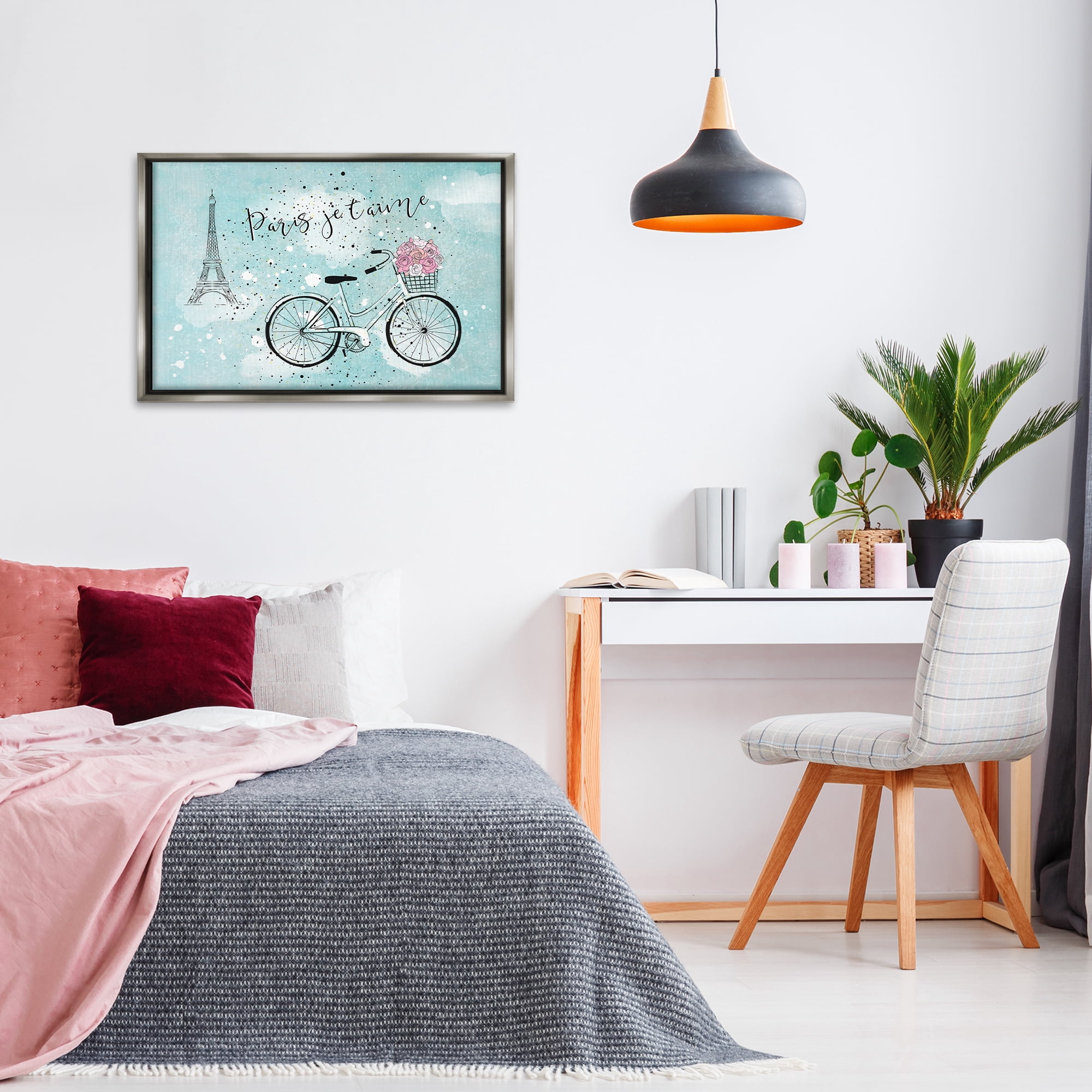 Stupell Industries Love Paris Bicycle Cities & Countries Painting Gray Floater Framed Canvas Art Print Wall Art, 31 x 21