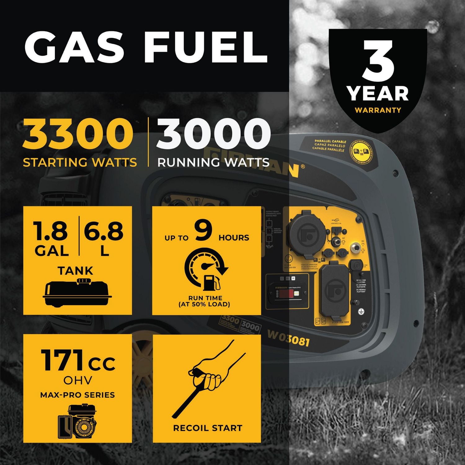 Générateur de gaz W03081 de Firman Power Equipment de série Whisper alimenté au gaz 3300/3000 W avec temps de marche prolongé