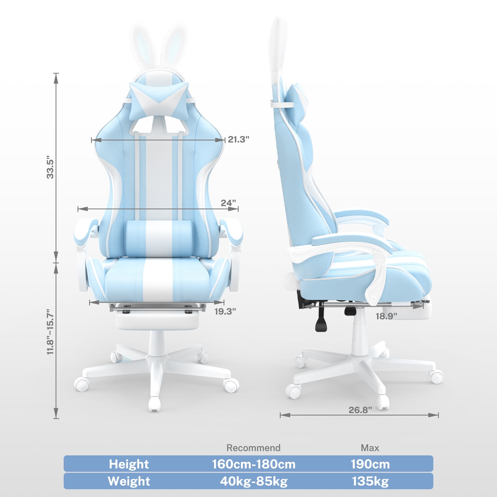 SOONTRANS Blue Gaming Chair, High Back Gamer Chair with Footrest, Reclining Adjustable Game Office Chairs Massage Pillows for Girl  Gift Present