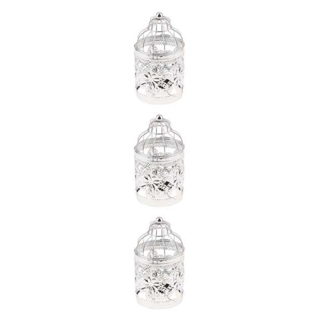 Ruiboury Electroplated Metal Birdcage Shape Tea Light Candle B- Holder Silver Type E 3Set