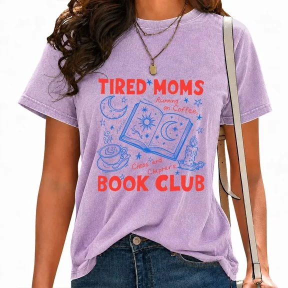 UNISHE Women Tired Moms Book Lover Print T-Shirts Readers Club Graphic Tees Washed Vintage Casual Tops Purple, S