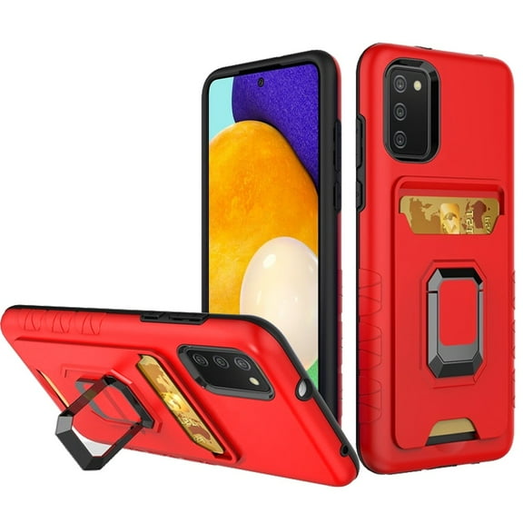 For Samsung Galaxy A03S SM-S134DL Card Holder Stand Cover Phone Case + Tempered Glass - Red