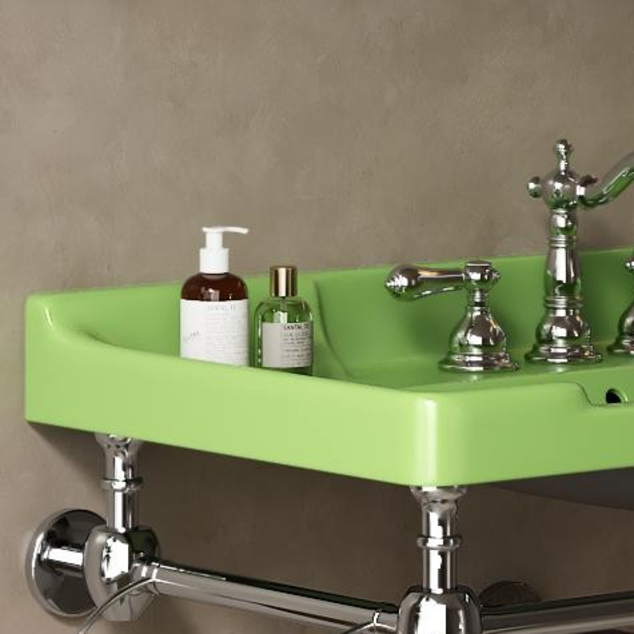 Noble House Vici 36" Bathroom Ceramic Basin Sink, 3 Faucet Holes with Wide Countertop Deck Toiletries Storage, Green