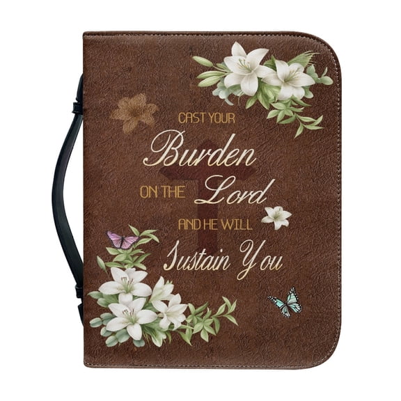 HELLHERO Lily Butterfly PU Leather Bible Cover, Large Capacity Zippered Protective Case for Church Daily Prayer and Scripture Study