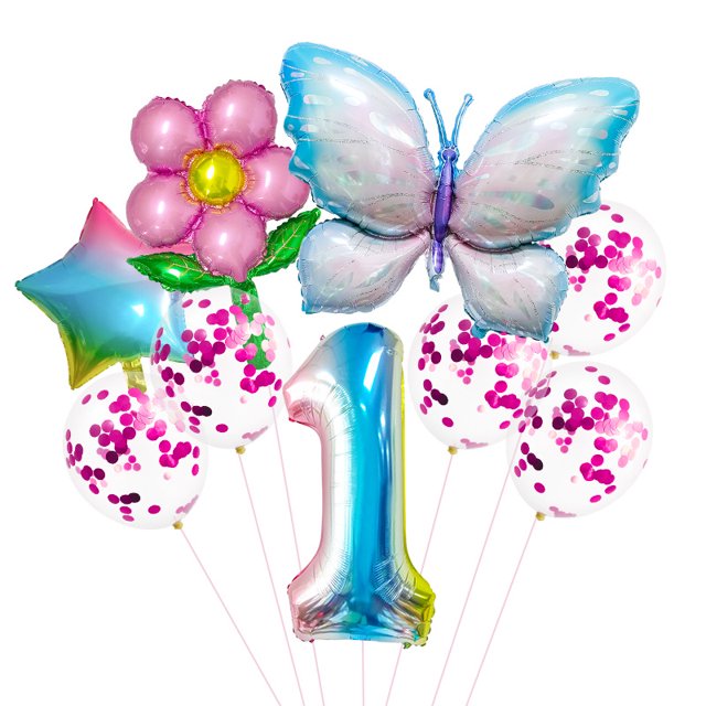 Kit de láminas para globos con forma de mariposa y flor, 9 unidades+1 cumpleaños