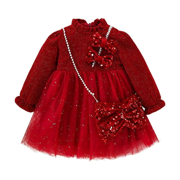LUOGENLI Little Girls Dresses Size 5-6 Toddler Girls Dress Long Sleeve Red Bowknot Patchwork Mesh Princess Dress New Year Party Clothes Pageant Dresses for Girls 14-16 2-3 Years